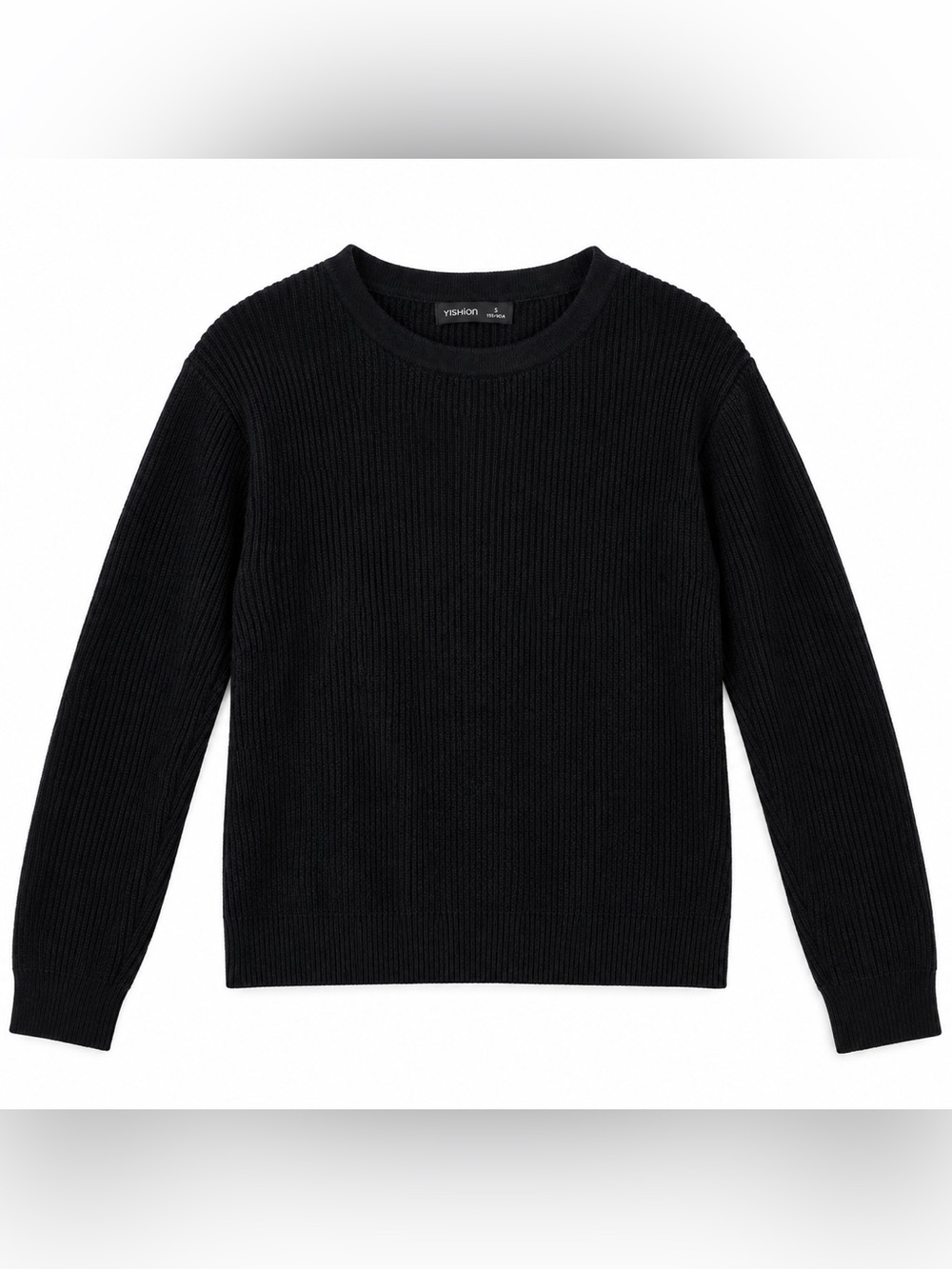 YISHION Black Ribbed Knit Crewneck Sweater Size S